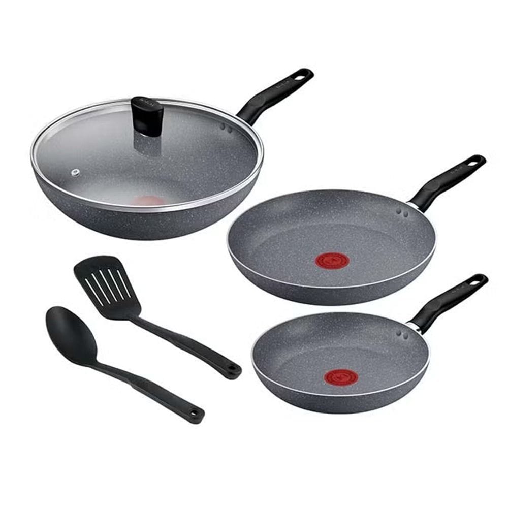 Tefal Natura 6-Piece Non-Stick Cookware Set, 24cm Frypan, 28cm Frypan, 28cm Wok, PTFE Coating, Aluminum - B867S685