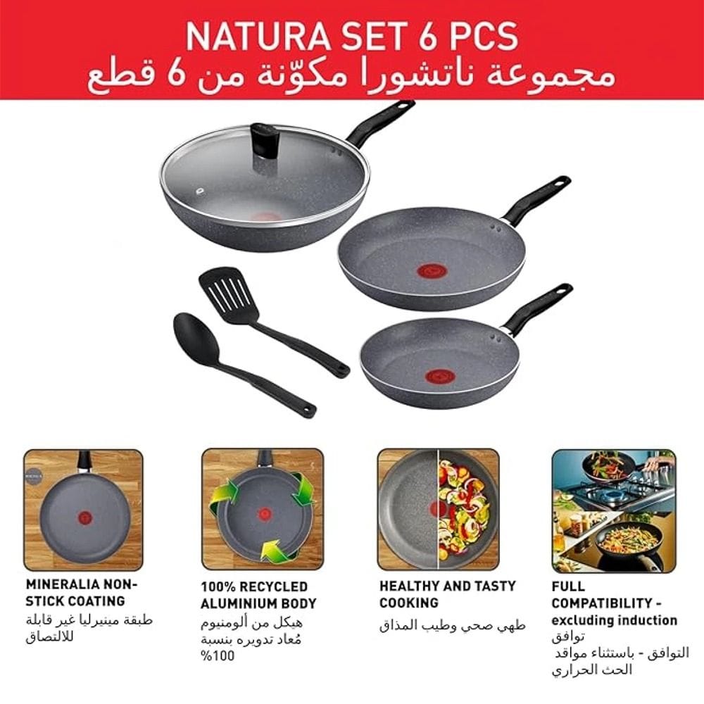 Tefal Natura 6-Piece Non-Stick Cookware Set, 24cm Frypan, 28cm Frypan, 28cm Wok, PTFE Coating, Aluminum - B867S685