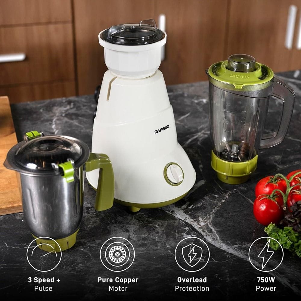 Daewoo Indian Mixer Grinder, 800W Copper Motor, High-Performance Kitchen Grinder - White | DMG 7501