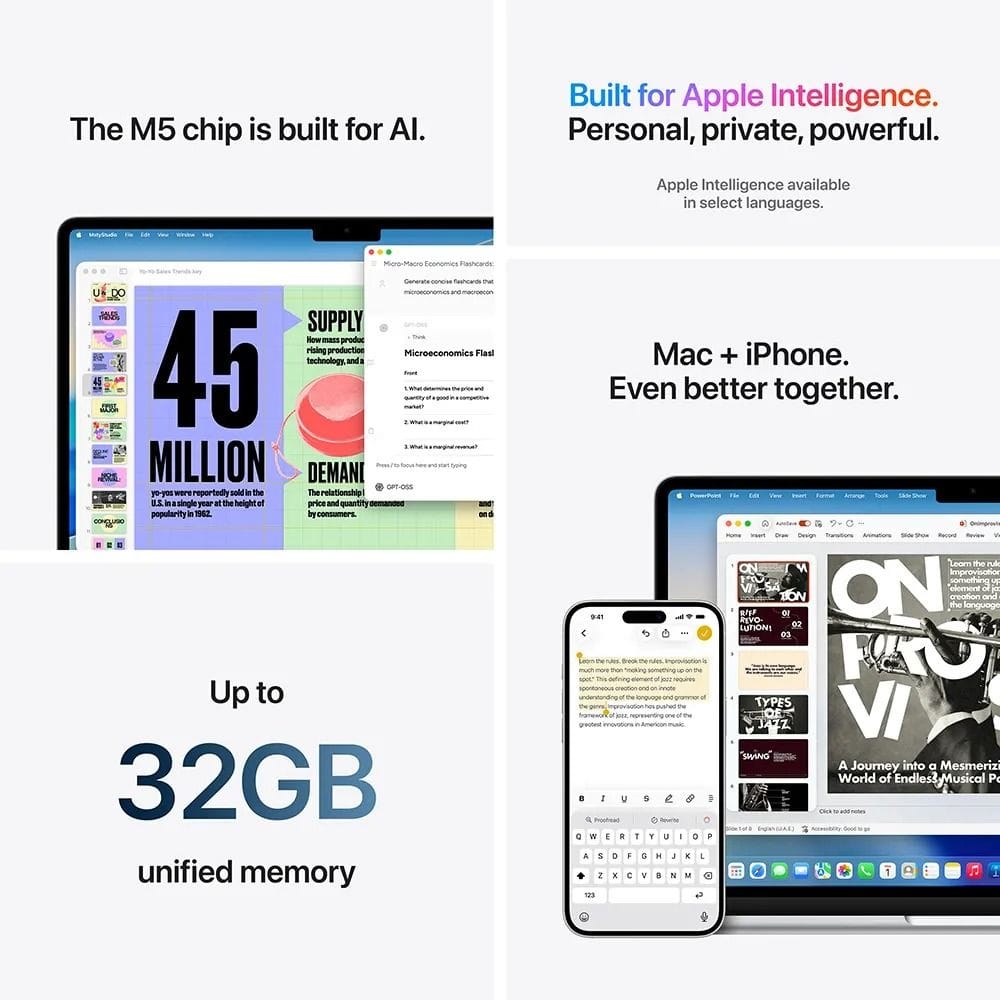 Apple MacBook Air 13-inch Laptop, Apple M5 Chip, 16GB RAM, 512GB SSD Storage, English & Arabic Keyboard - Silver| MDH74AB/A