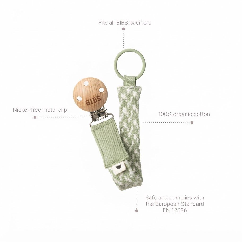 BIBS Braided Pacifier Clip 0+ Months 22cm, Safe And Practical Design, High-Quality Nickel-Free, Easily Attach To Your Baby’s Clothes - Blush/Ivory