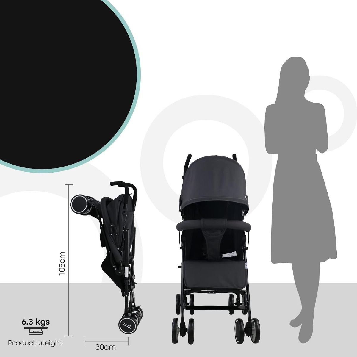The Moon Brand Neo Plus Lightweight Travel Stroller - Umbrella Fold Pushchair for Newborns | Black