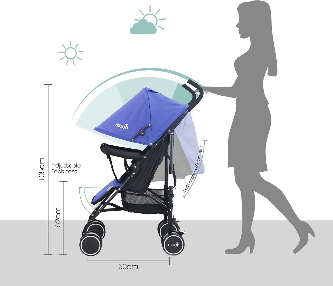 The Moon Brand Neo Plus Lightweight Travel Stroller, Compact Umbrella Fold, 5-Point 18 kg, 0 Months+ | Cyan Blue