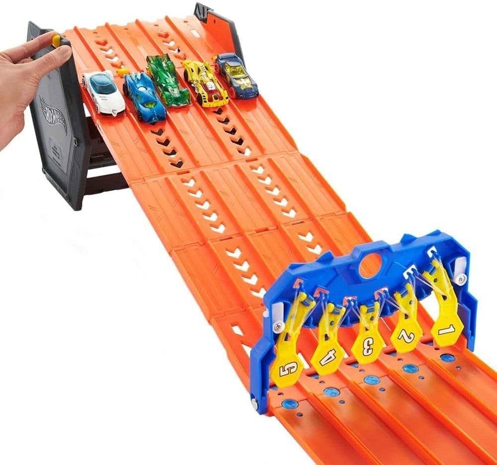 Hot Wheels Roll Out Raceway Track Set: 5-Lane Racing Fun & Storage Bucket