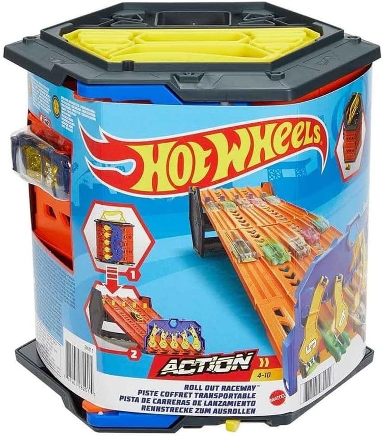 Hot Wheels Roll Out Raceway Track Set: 5-Lane Racing Fun & Storage Bucket