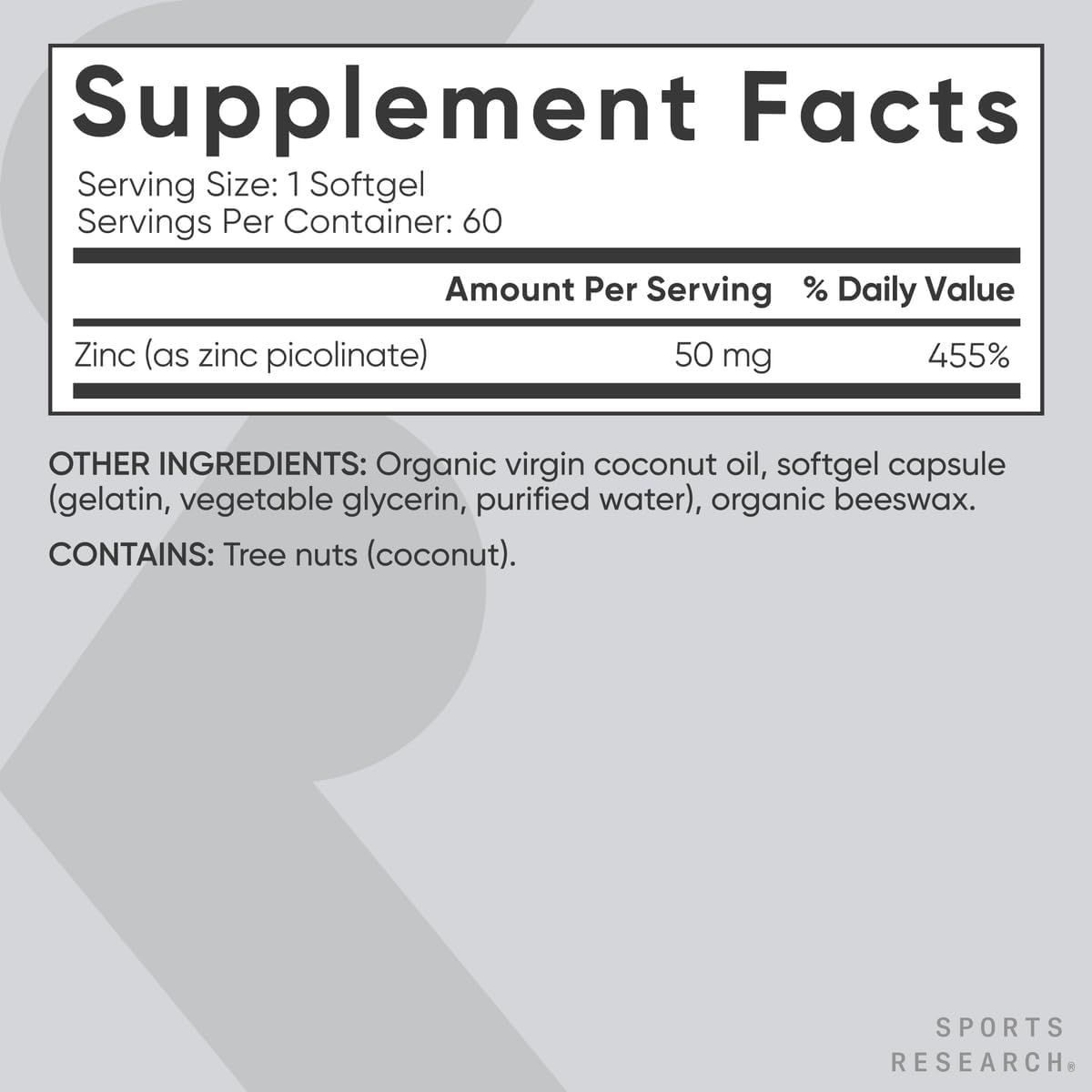 Sports Research Zinc Picolinate 50mg with Coconut Oil - Immune Support Softgels
