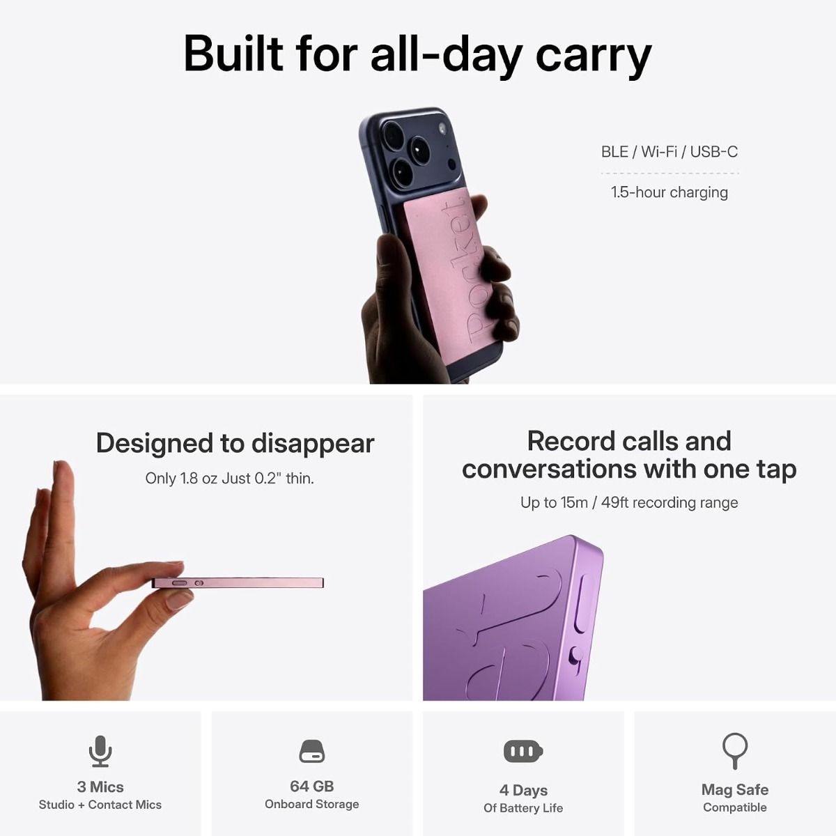 Pocket AI Voice Recorder & Smart Note Taker – MagSafe Compatible Auto Transcription for Meetings, AI Summaries & Action Items | Baby Pink
