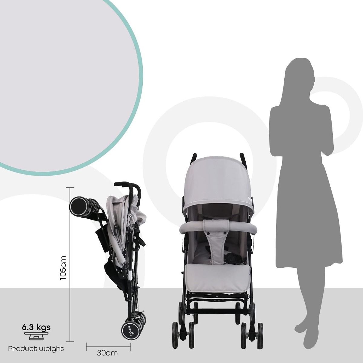 The Moon Brand Neo Plus Lightweight Travel Stroller - Compact Umbrella Fold Pushchair for Babies, 5-Point Harness | Light Grey
