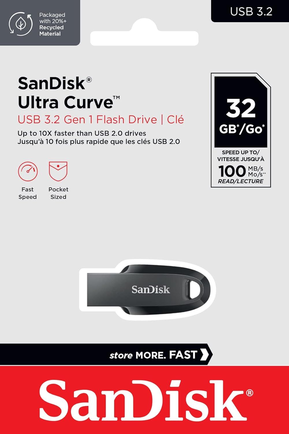 SanDisk Ultra Curve USB 3.2 Flash Drive 32GB with Compact Capless Design, Fast File Transfers, Plug-and-Play Storage & Keyring Loop | Black - 619659186784