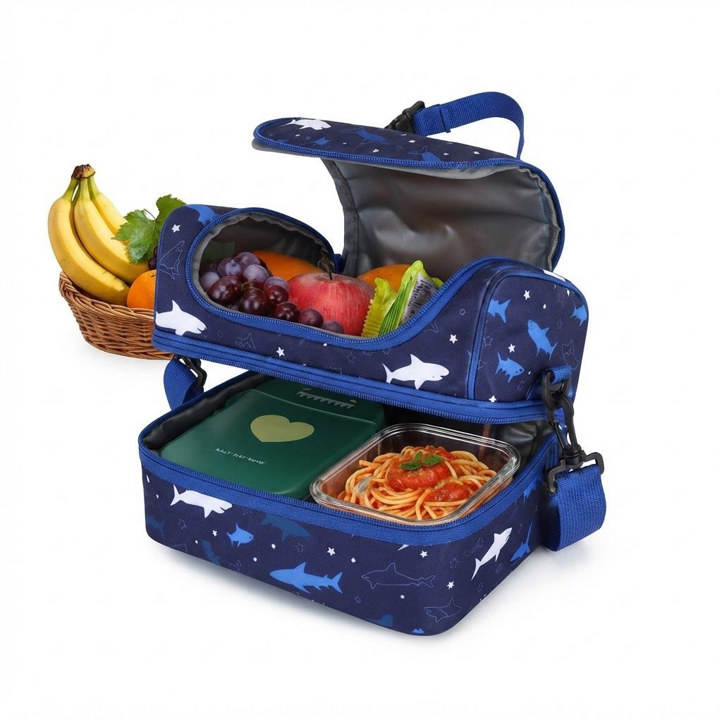 VASCHY Insulated Lunch Box for Kids - Shark Ocean Double Compartment Cooler Bag with Strap