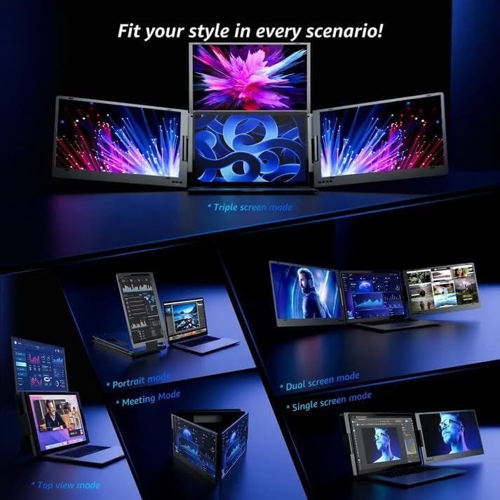 V2COM Laptop Screen Extender 15.6" 1080P FHD Portable Monitor Triple Screen for 12"-17.3" Windows Mac, Aluminum Quad Foldable, Built-in Stand, Auto Rotation - Silver