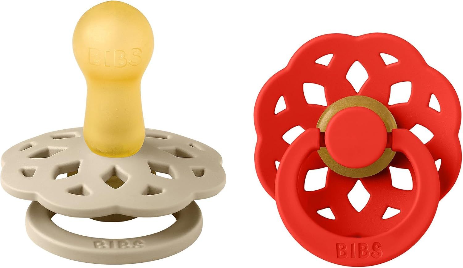 BIBS Boheme Pacifier Size 2 6+ Months 2 Pack, Natural Rubber Latex Nipple, Gentle And Skin-Friendly Shield Design - Vanilla/Candy Apple