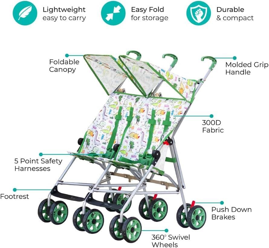 The Moon Brand Jet Plus Twin Buggy, Lightweight Umbrella Stroller for Twins & Siblings, 5-Point Safety Harness, Umbrella Fold | Green