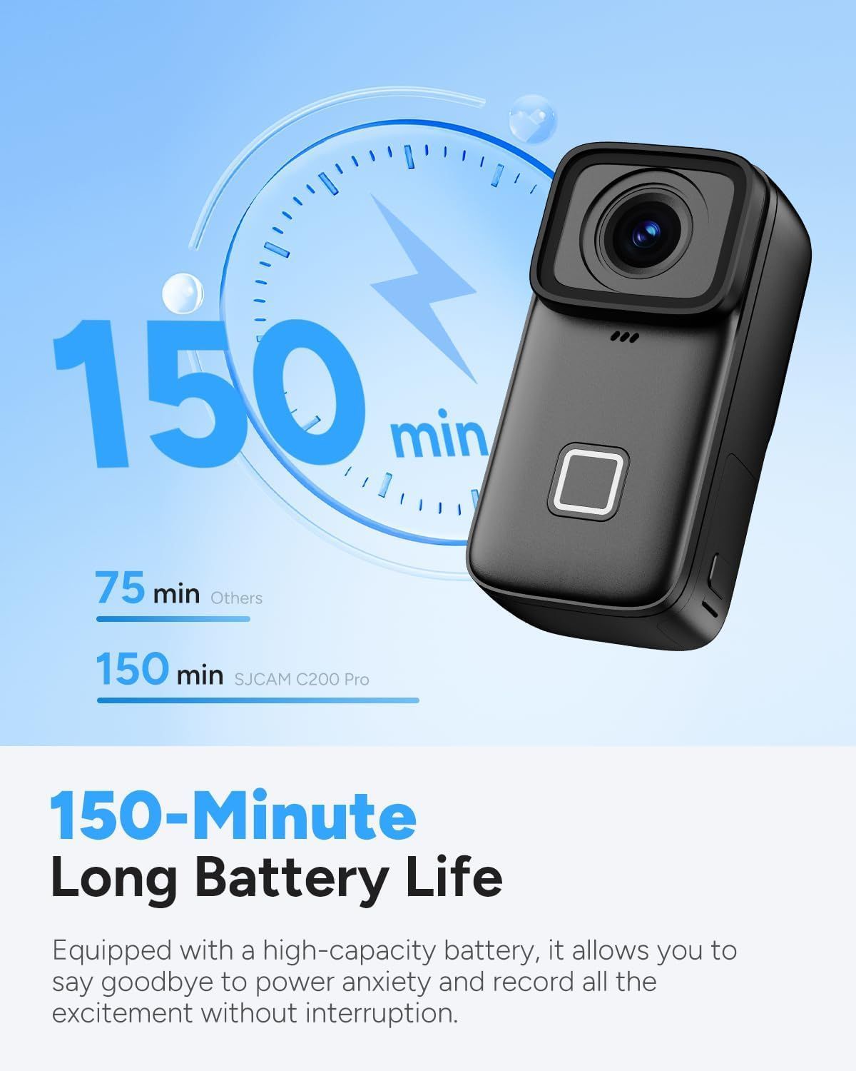 SJCAM C200 Pro Action Camera 4K with 6-Axis Stabilization, Dual Touch Screens, 30M Waterproof Design, 7-Hour Battery & 64GB Card | Black
