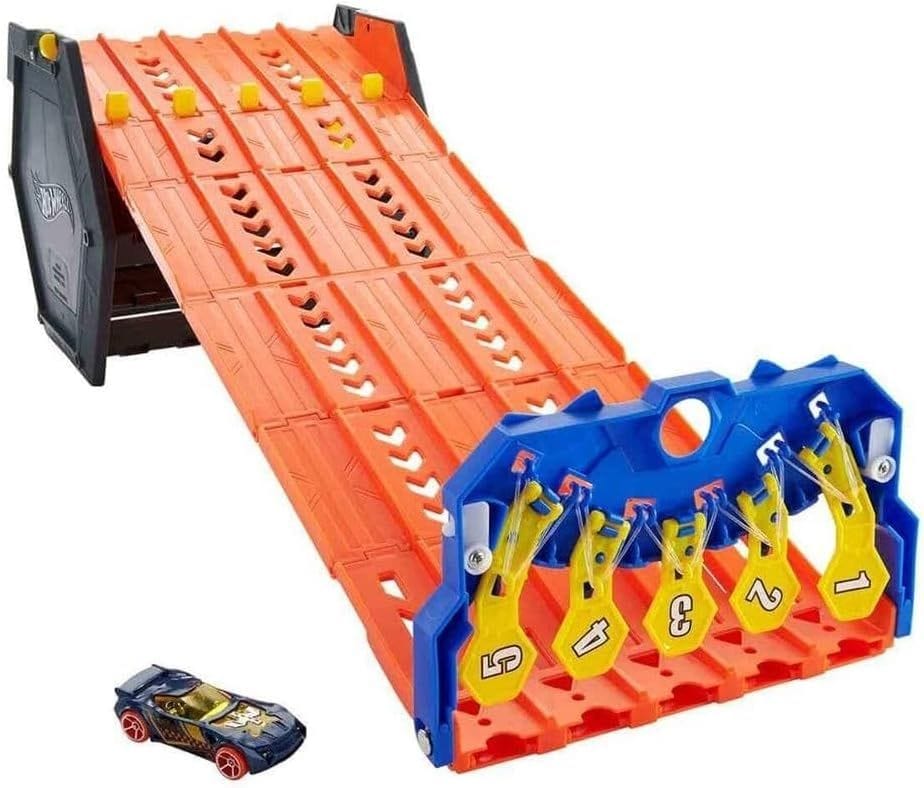 Hot Wheels Roll Out Raceway Track Set: 5-Lane Racing Fun & Storage Bucket
