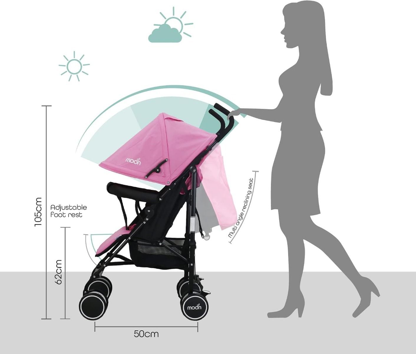 The Moon Brand Neo Plus Lightweight Travel Stroller for Baby & Toddler - Umbrella Fold Up to 18 kg, 5-Point Harness | Pink