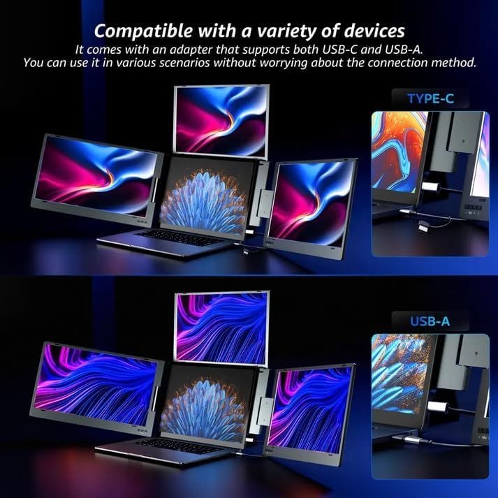 V2COM Laptop Screen Extender 15.6" 1080P FHD Portable Monitor Triple Screen for 12"-17.3" Windows Mac, Aluminum Quad Foldable, Built-in Stand, Auto Rotation - Silver