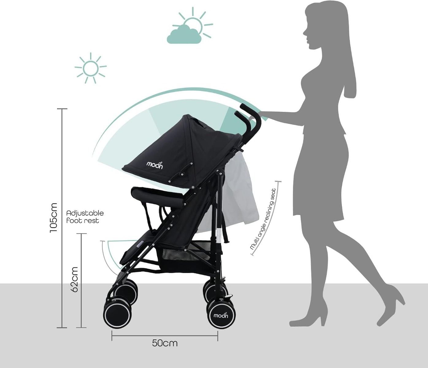 The Moon Brand Neo Plus Lightweight Travel Stroller - Umbrella Fold Pushchair for Newborns | Black
