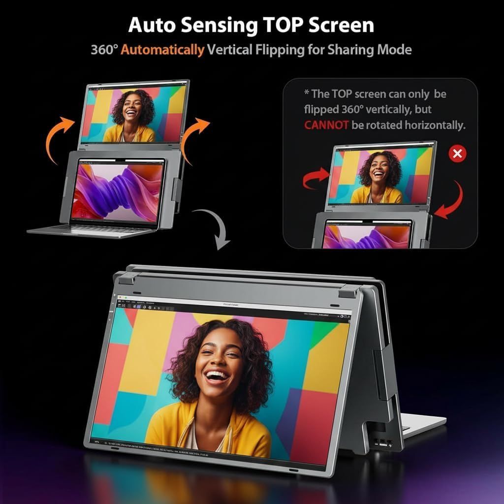 V2COM Laptop Screen Extender 15.6" 1080P FHD Portable Monitor Triple Screen for 12"-17.3" Windows Mac, Aluminum Quad Foldable, Built-in Stand, Auto Rotation - Silver