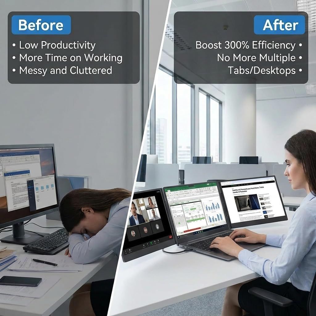 V2COM VP7P Triple Laptop Screen Extender, 15.6" 1080P FHD Portable Monitor, Ultra-Slim, USB-C Plug & Play | Black