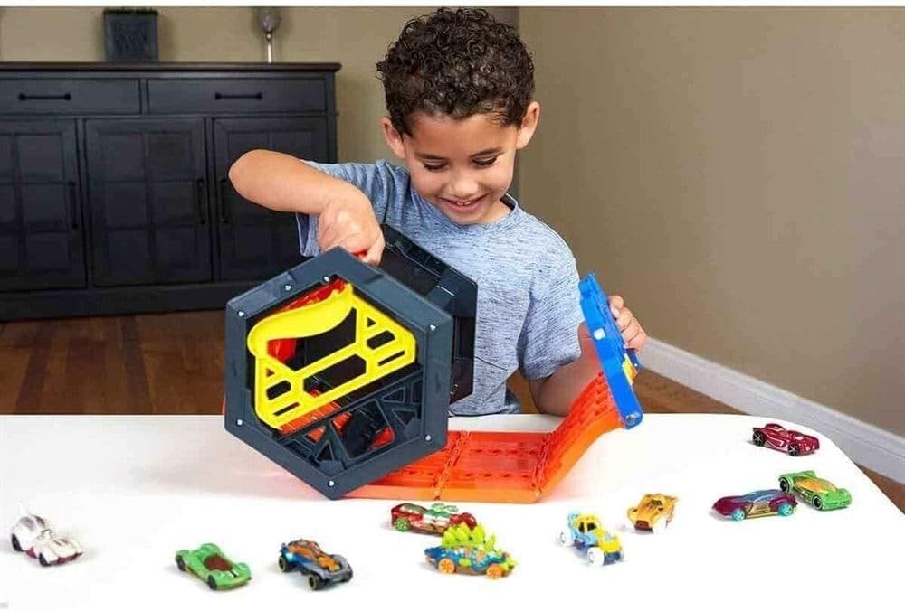 Hot Wheels Roll Out Raceway Track Set: 5-Lane Racing Fun & Storage Bucket
