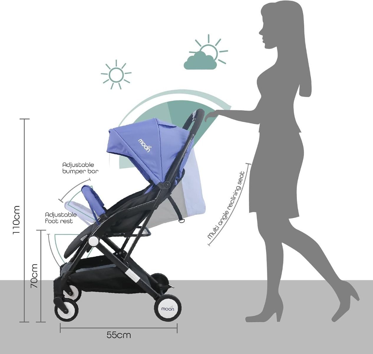 The Moon Brand Ritzi TravelLite Compact Stroller - One-Hand Fold Cabin Pram for Newborns, 0-18kg (up to 3 years), 5-Point Harness |  Cyan Blue
