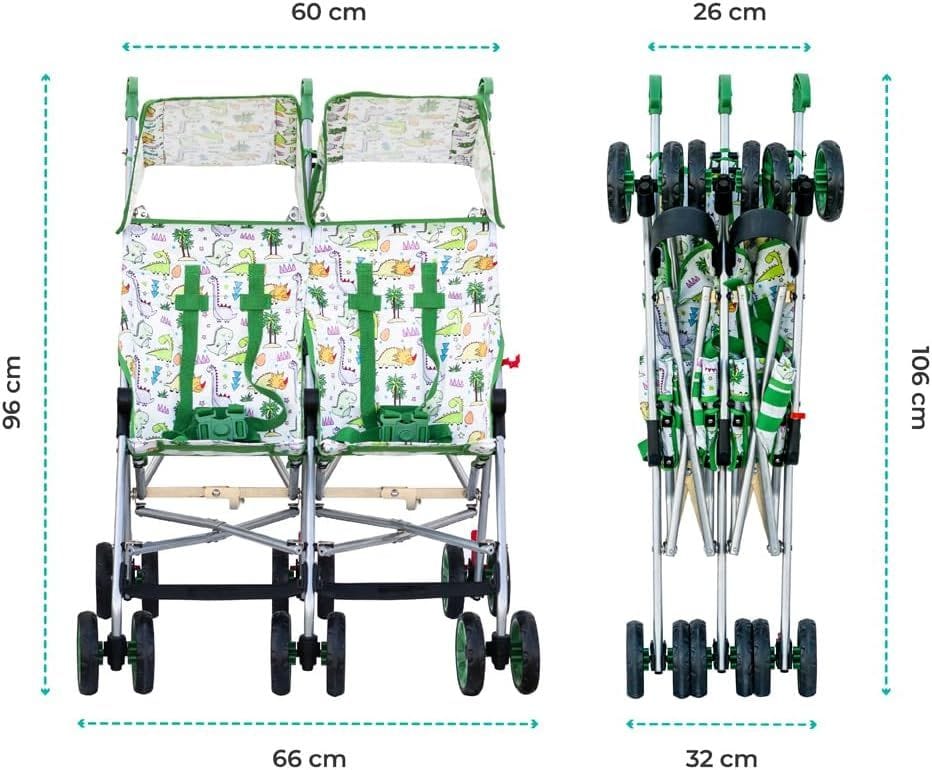 The Moon Brand Jet Plus Twin Buggy, Lightweight Umbrella Stroller for Twins & Siblings, 5-Point Safety Harness, Umbrella Fold | Green