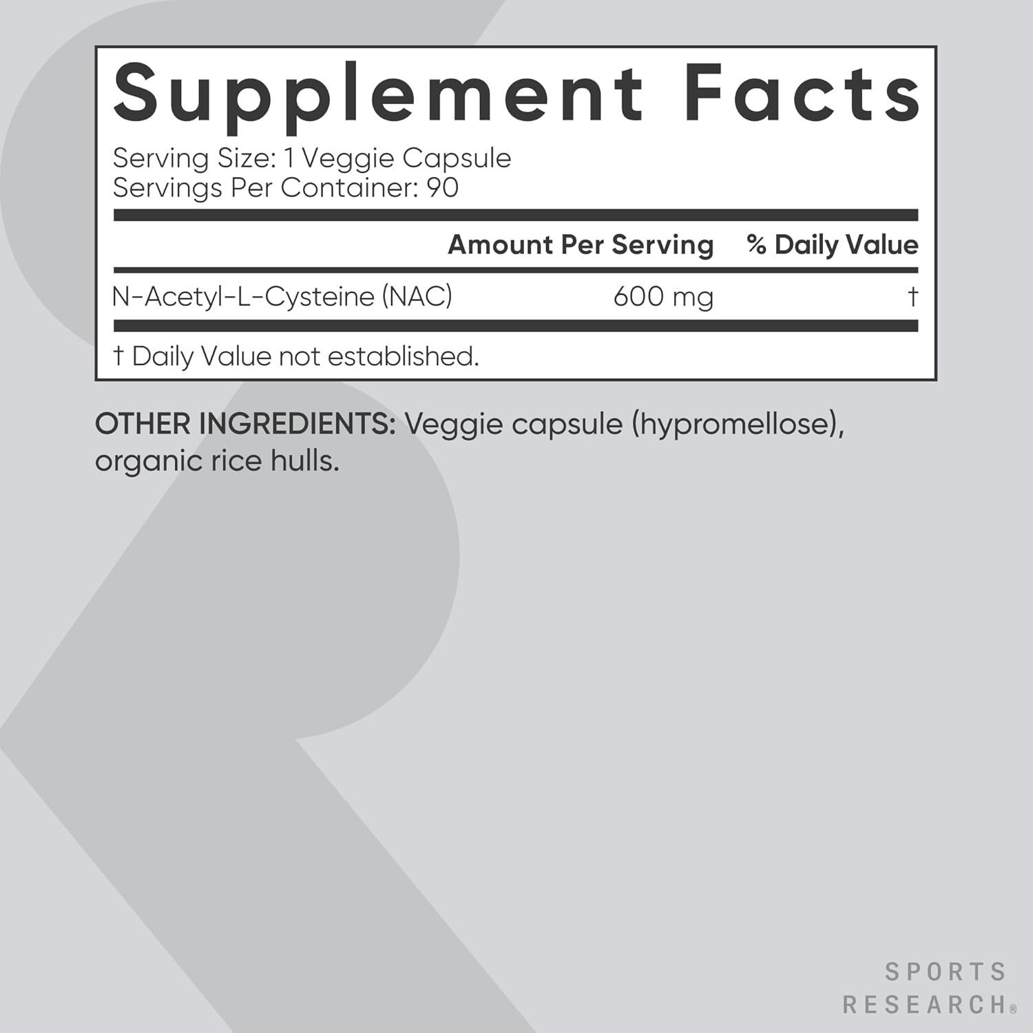 Sports Research Vegan NAC Supplement 600mg - Antioxidant & Immune Support