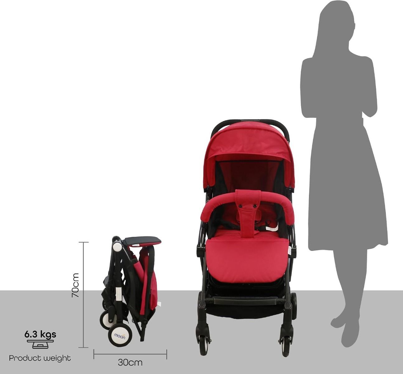The Moon Brand Ritzi TravelLite Compact Stroller - Fire Red, Lightweight Cabin-Approved Pram 18 kg, Birth to 3 Years, 5-Point Harness, One-Hand Compact Fold