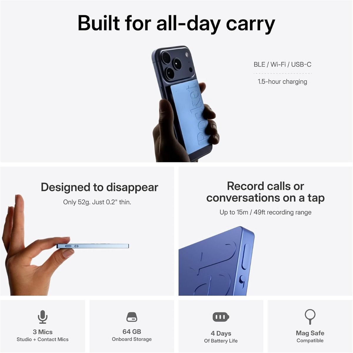 Pocket AI Voice Recorder & Smart Note Taker, MagSafe Compatible, Auto-Transcription, AI Summaries & Action Items | Sierra Blue