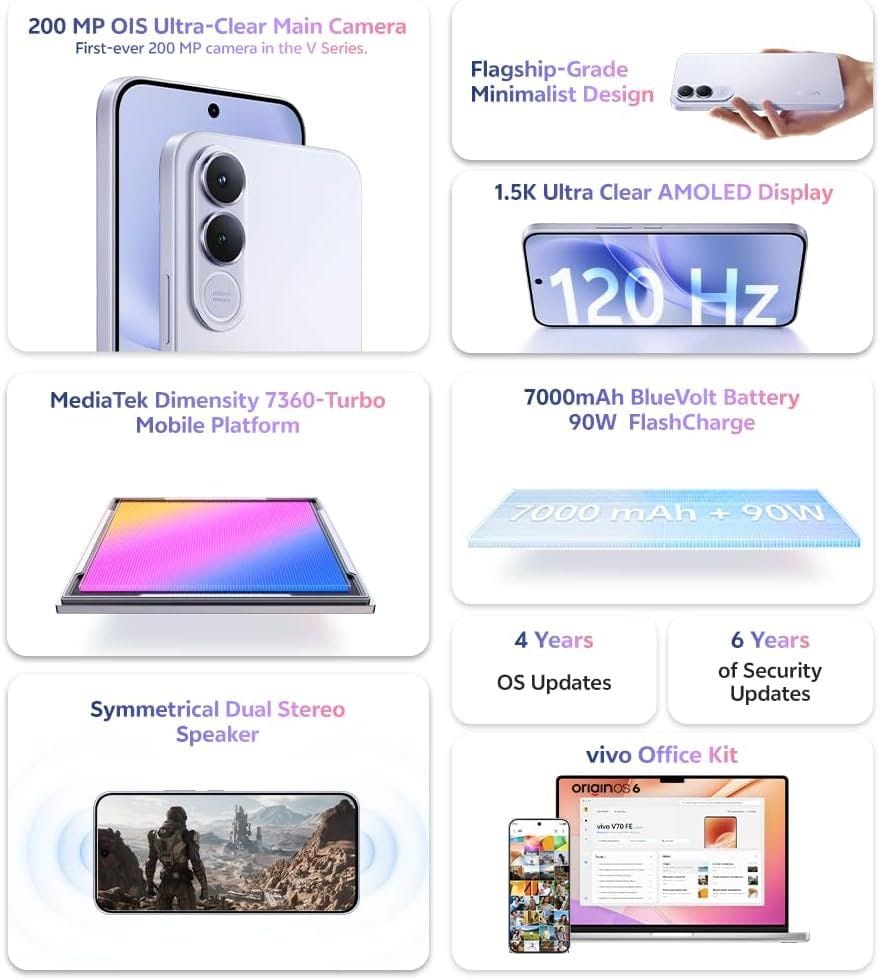 Vivo V70 FE 5G Silver | 8GB RAM, 256GB Storage, 120Hz AMOLED Display | Silver