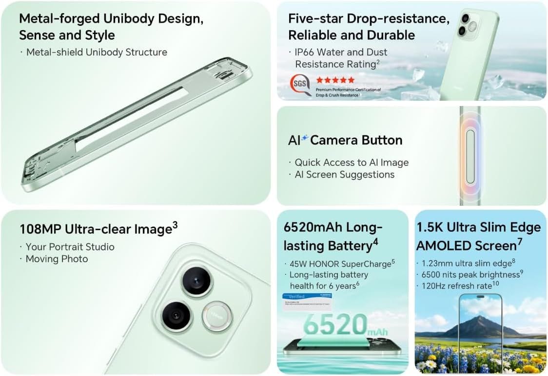 Honor 600 Lite - 256GB ROM, 8GB RAM, 5G Unlocked Smartphone|Sprout Green