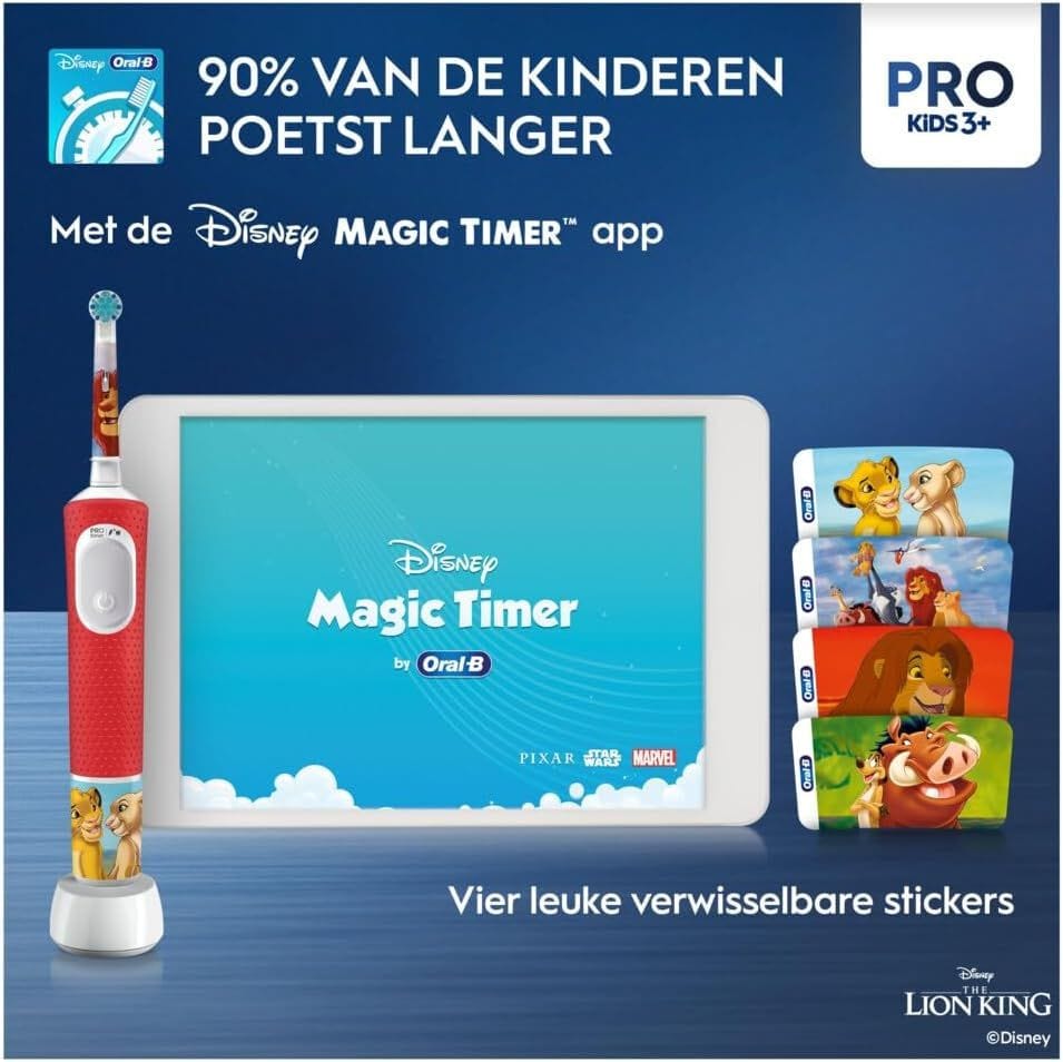 Oral-B Vitality 300 Rechargeable Kids Electric Toothbrush, Lion King D103.413.2K, Red - 2 Modes