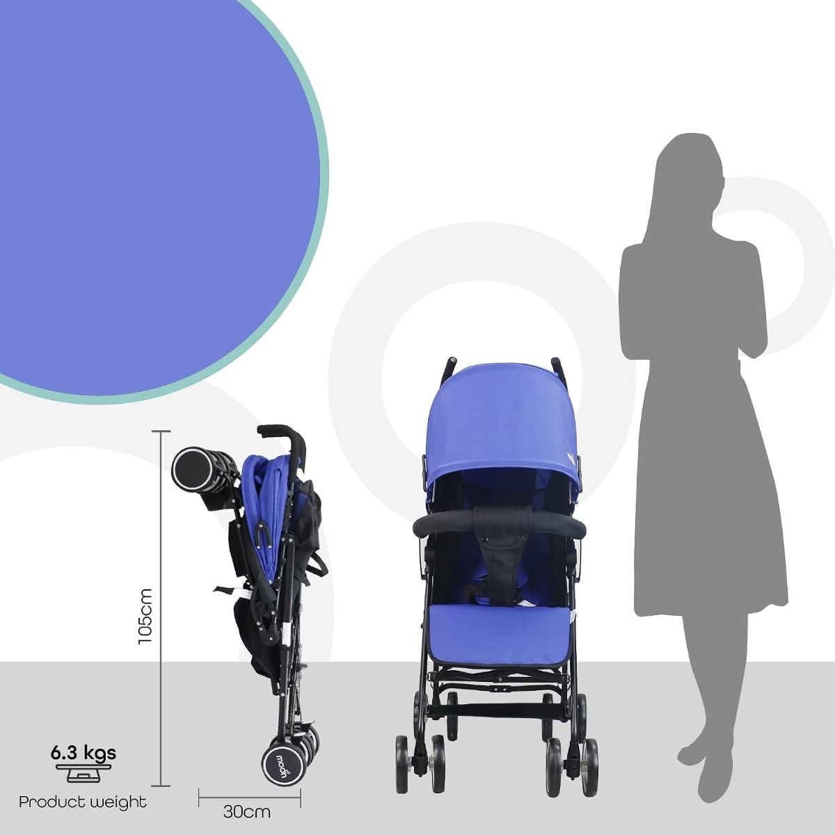 The Moon Brand Neo Plus Lightweight Travel Stroller, Compact Umbrella Fold, 5-Point 18 kg, 0 Months+ | Cyan Blue