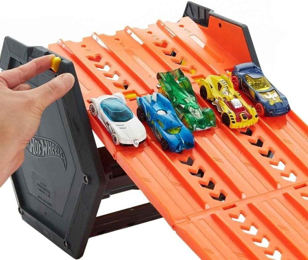 Hot Wheels Roll Out Raceway Track Set: 5-Lane Racing Fun & Storage Bucket