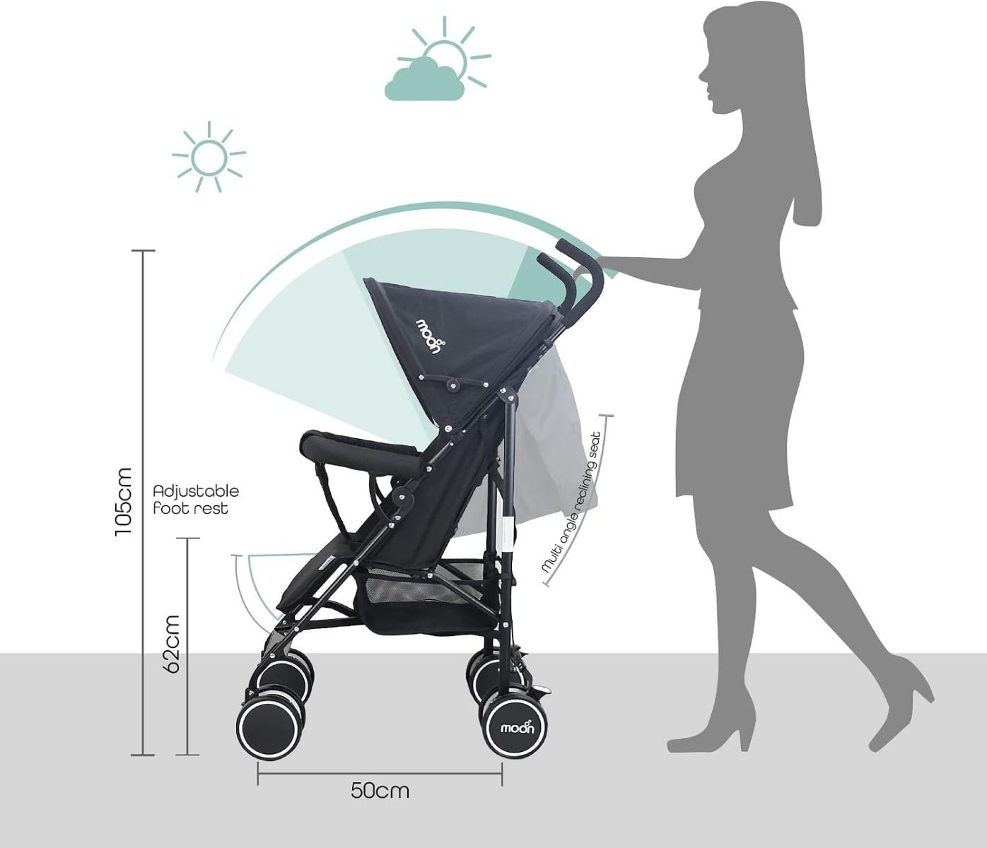 The Moon Brand Neo Plus Lightweight Travel Stroller, Foldable Umbrella Pushchair Up to 18 kg, 0 Months and up | Dark Grey