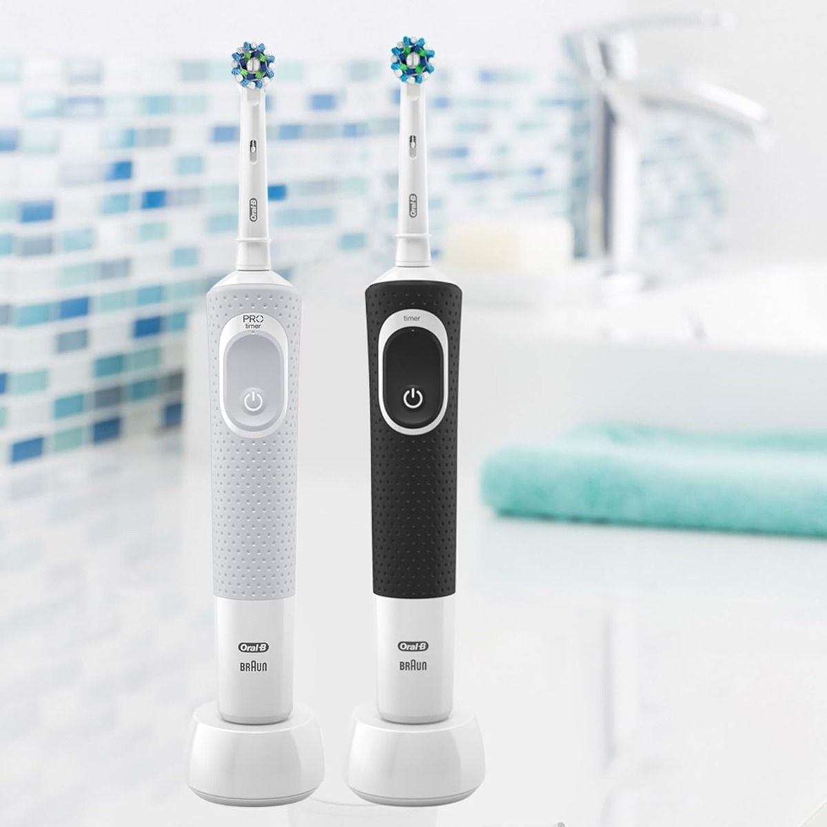 Oral-B Vitality D100 Electric Toothbrush Bundle, Black & White - 1+1 Free Set with CrossAction Brush