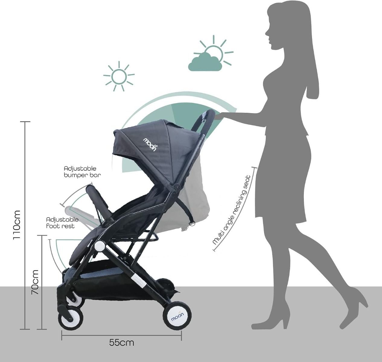 The Moon Brand TravelLite Compact Folding Stroller, Lightweight Cabin Approved Pushchair, 0-18kg, 5-Point Harness | Dark Grey