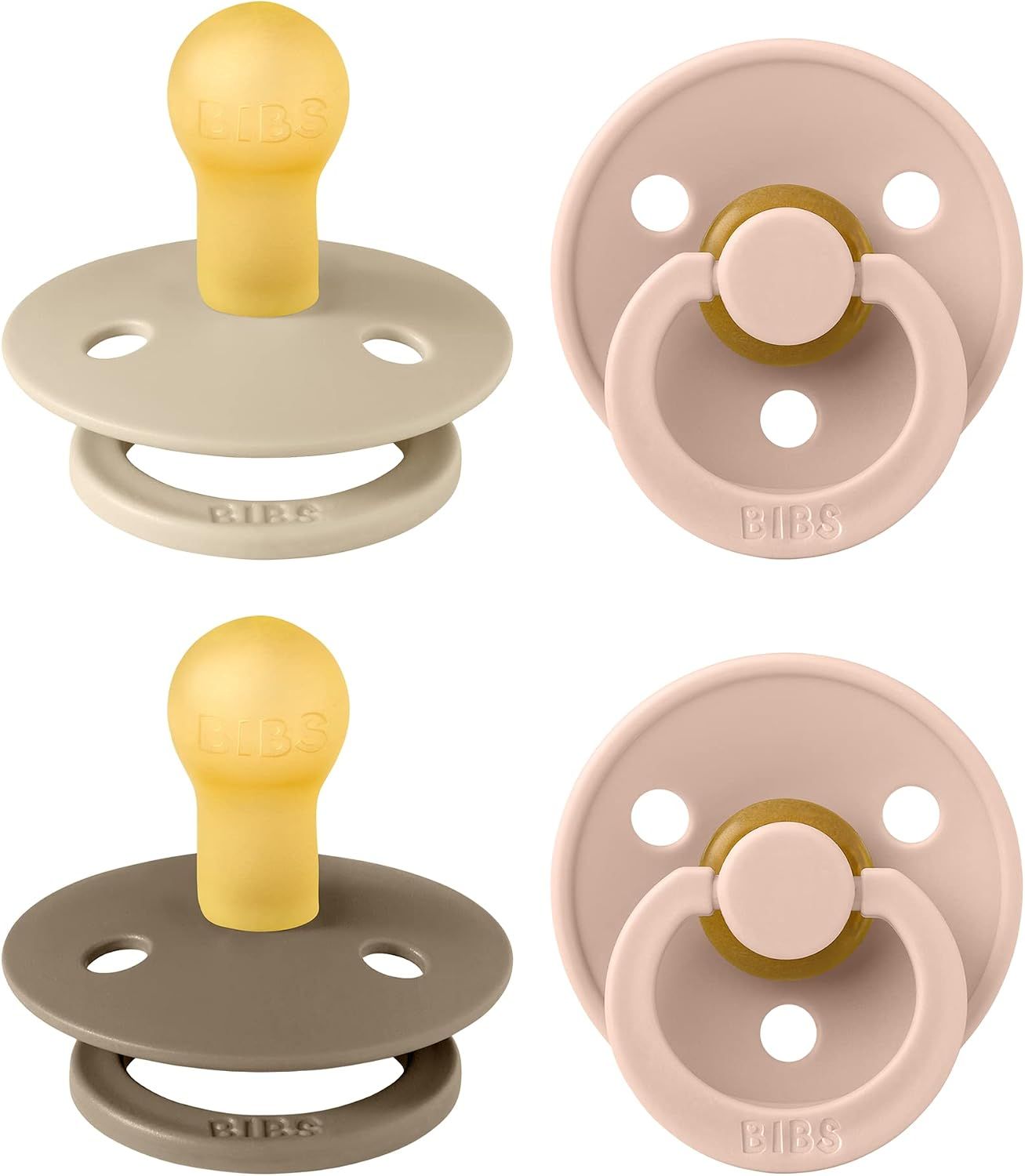 BIBS Colour Latex Pacifier Size 1 0+ Months 4 Pack, Air Releasing Valve Technology, Ventilation Holes For Better Airflow - Ivory/Blush/Woodchuck/Blossom
