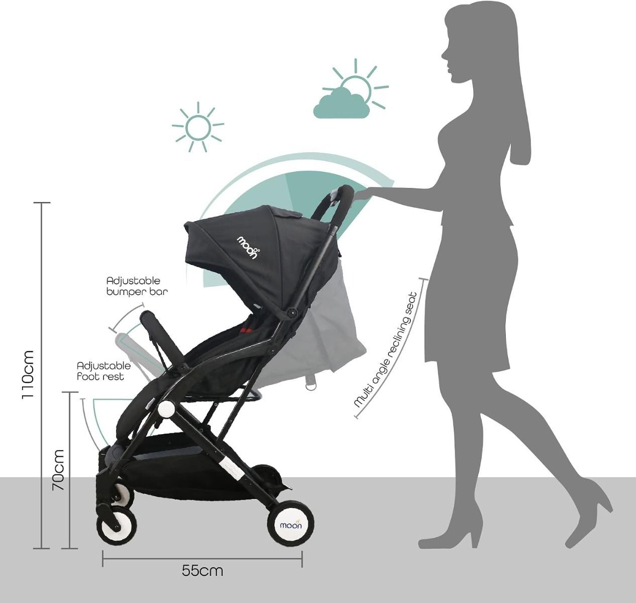 The Moon Brand Ritzi Compact Travel Stroller - Lightweight Foldable Cabin Pram for Newborns to 3 Years, 0-18kg (up to 3 years), 5-Point Harness | Black