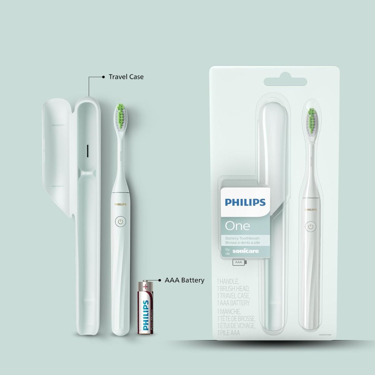 Philips Sonicare One Battery Toothbrush HY1100/03, Mint Light Blue - 2 Piece Travel-Ready Set