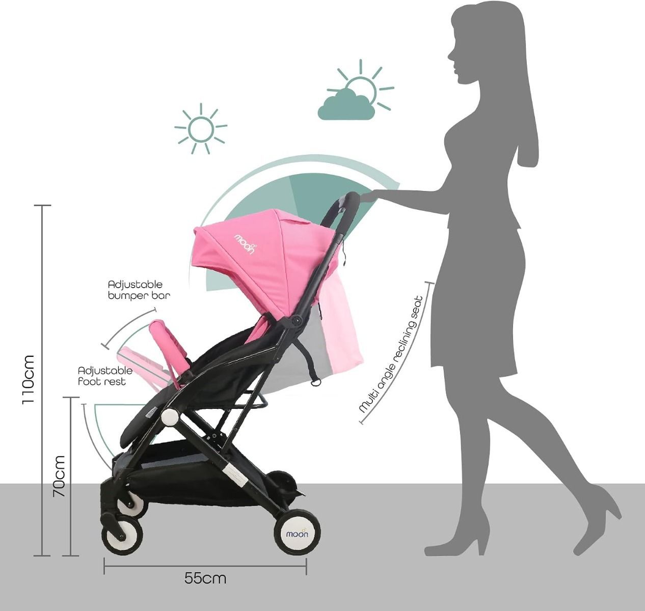 The Moon Brand TravelLite Compact Stroller - Lightweight Cabin-Approved Foldable Pram for Newborns Pink, 0-18 kg,  5-Point Harness