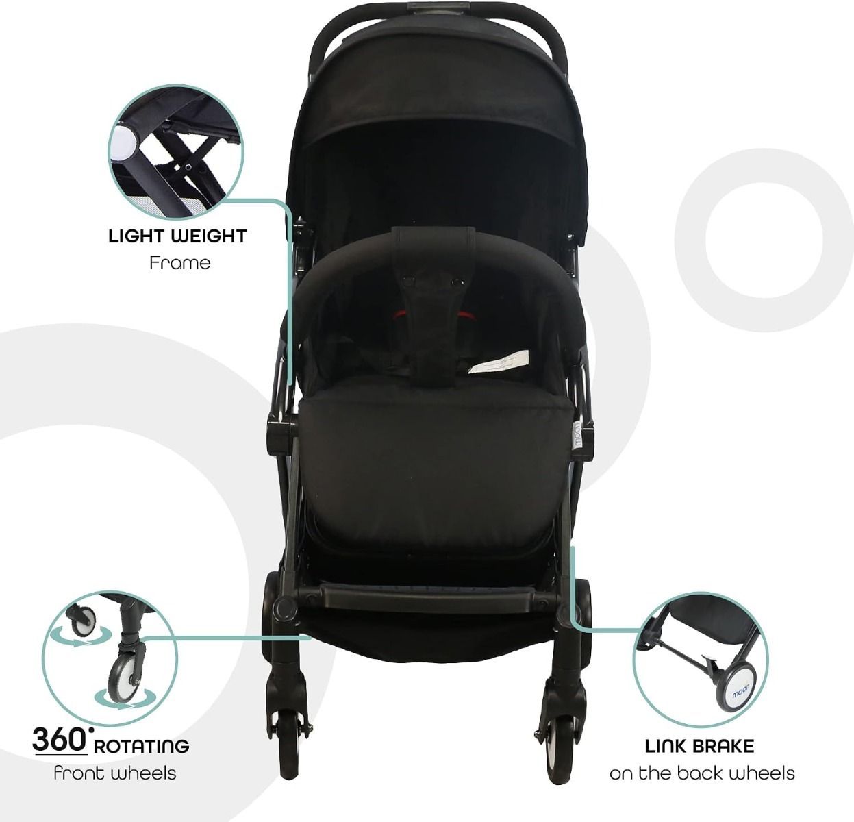 The Moon Brand Ritzi Compact Travel Stroller - Lightweight Foldable Cabin Pram for Newborns to 3 Years, 0-18kg (up to 3 years), 5-Point Harness | Black