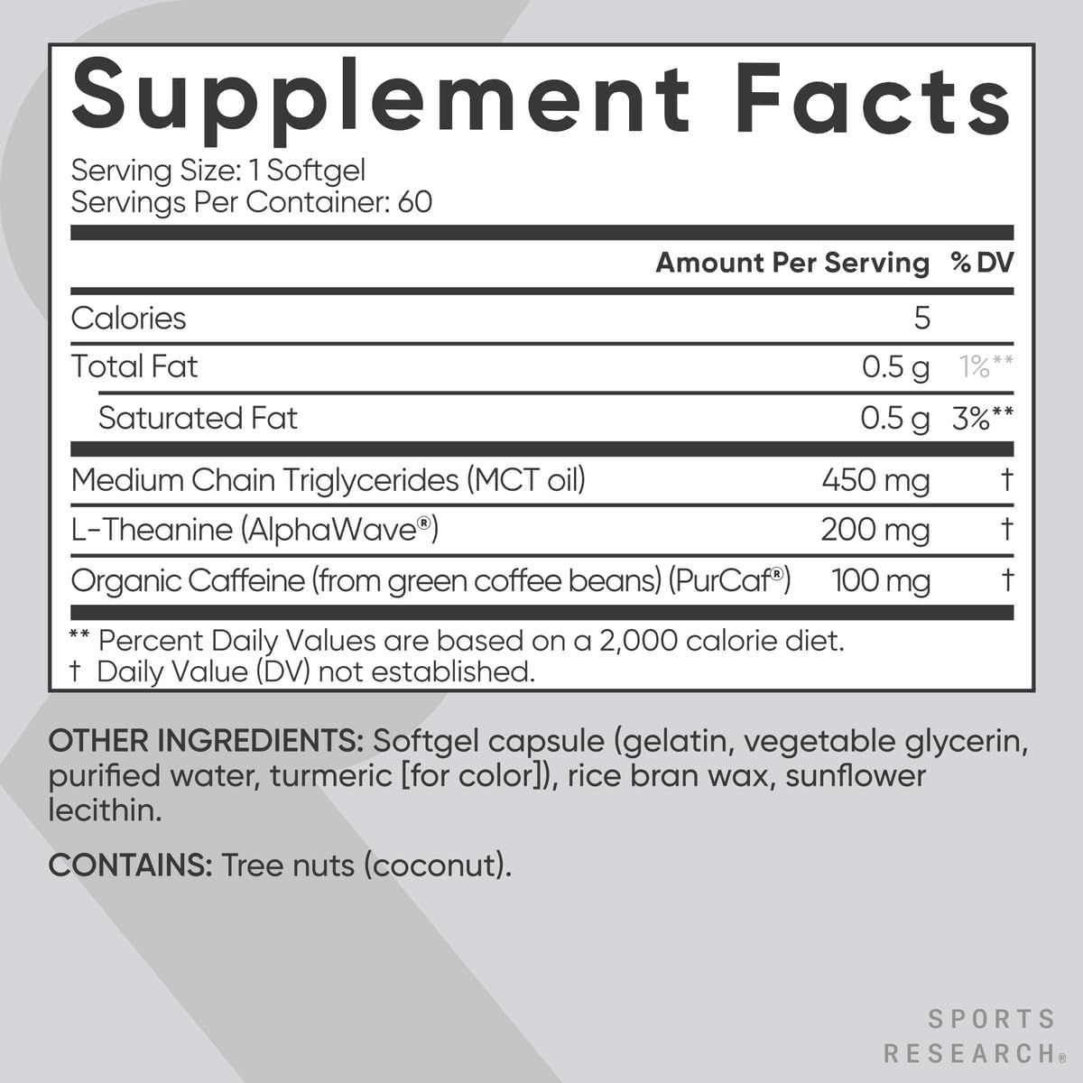 Sports Research L-Theanine & Caffeine: Focused Energy Boost - 60 Softgels