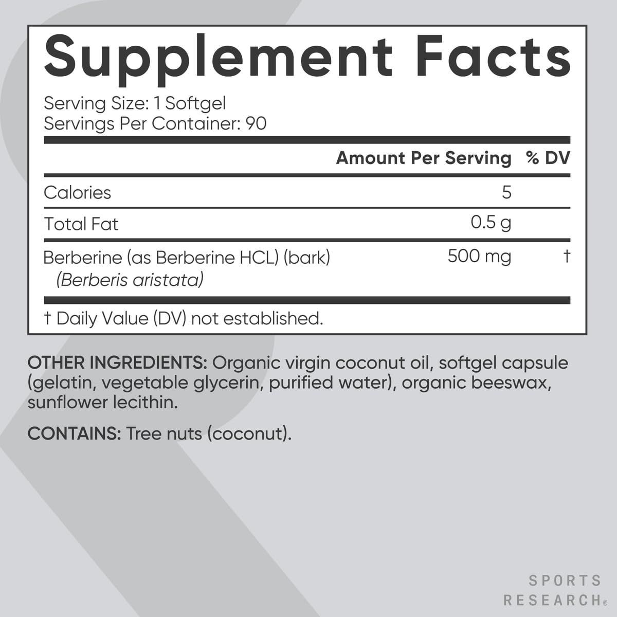 Sports Research Herbal Berberine Supplement with Coconut Oil - 500mg Softgels for Metabolic Support