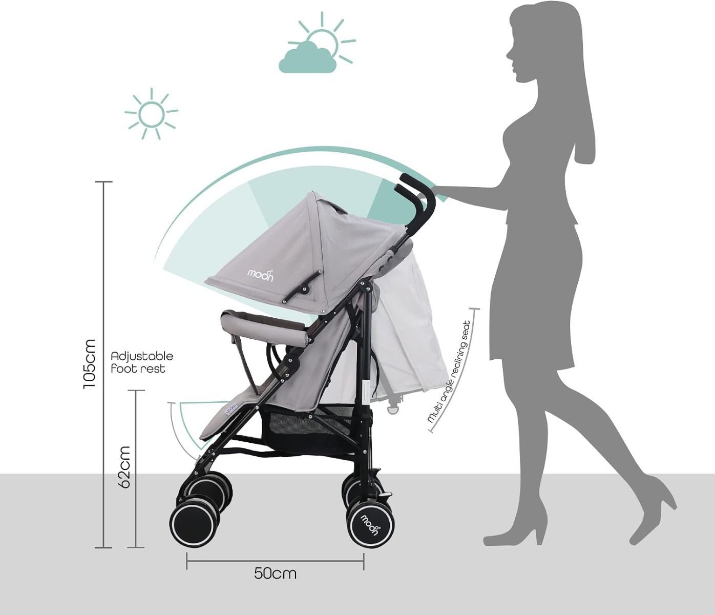 The Moon Brand Neo Plus Lightweight Travel Stroller - Compact Umbrella Fold Pushchair for Babies, 5-Point Harness | Light Grey