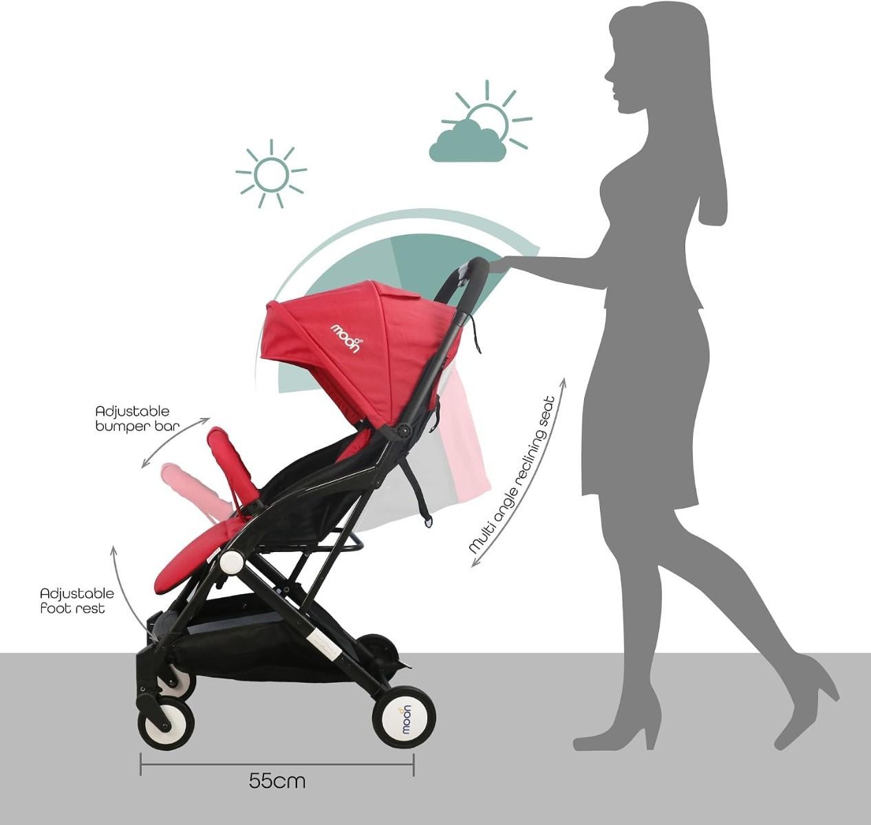 The Moon Brand Ritzi TravelLite Compact Stroller - Fire Red, Lightweight Cabin-Approved Pram 18 kg, Birth to 3 Years, 5-Point Harness, One-Hand Compact Fold