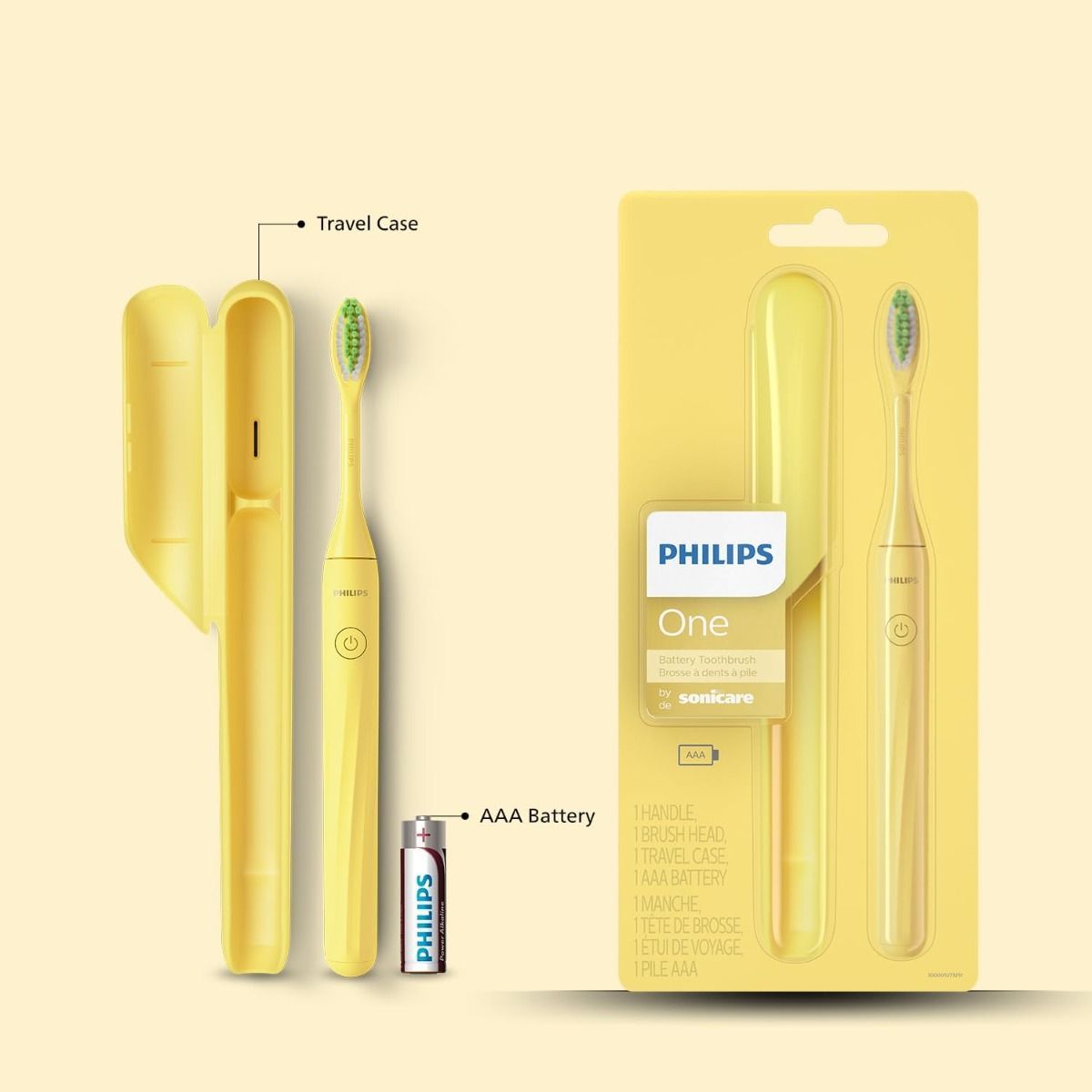 Philips One by Sonicare Battery Toothbrush HY1100/02, Mango Yellow - 2 Piece Set with Travel Case