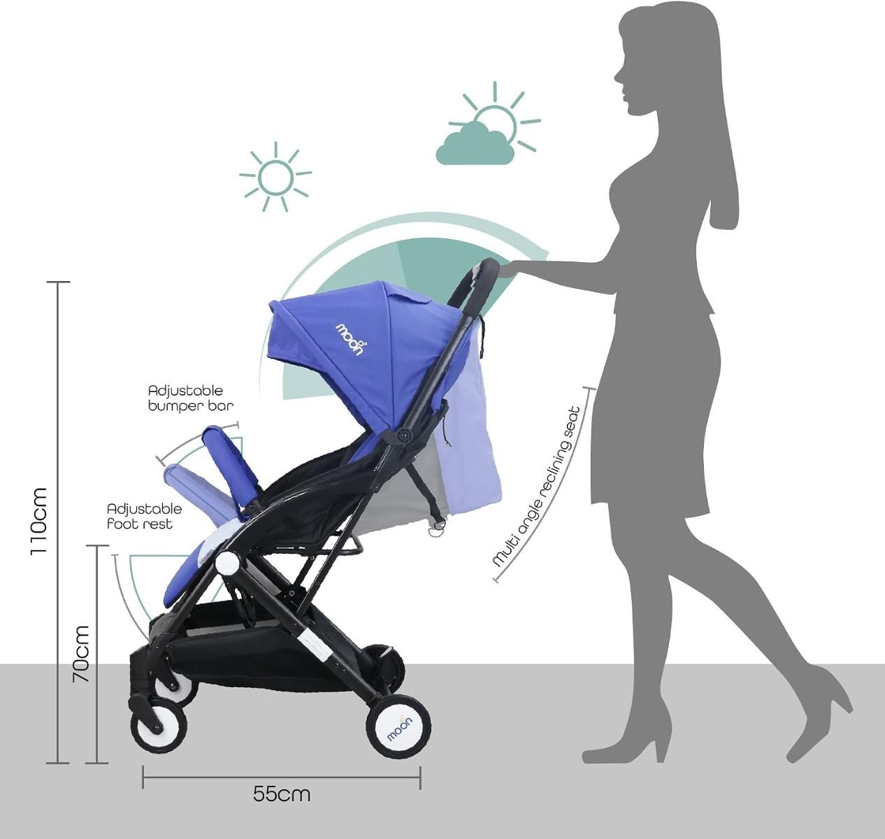 The Moon Brand TravelLite Compact Folding Stroller, Cabin Approved Travel Pram for Newborn, 0-18 kg, Birth to 3 Years,  5-Point Harness | Royal Blue