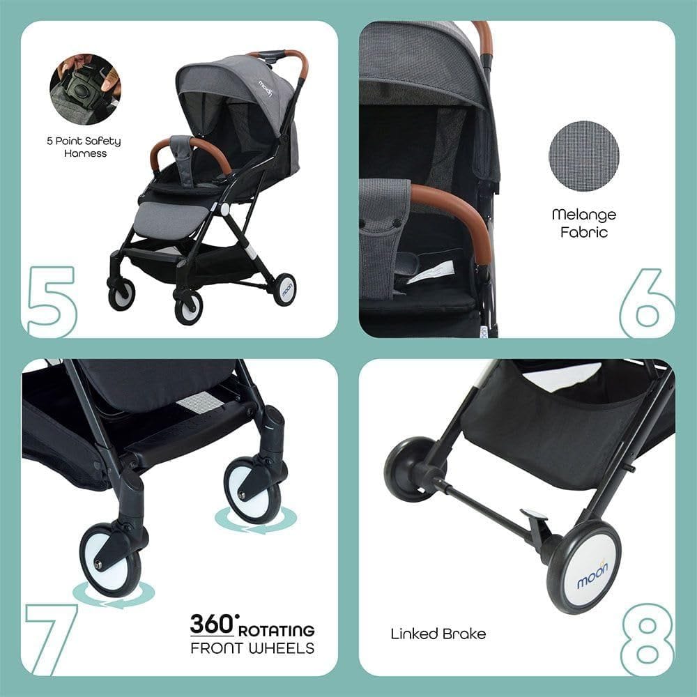 The Moon Brand Ritzi Lightweight Cabin Stroller - Compact Foldable Pushchair for Baby & Toddlers Up to 18 kg, 0 Months+, 5-Point Safety Harness